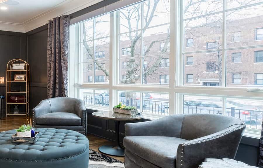 Cozy living room with large windows