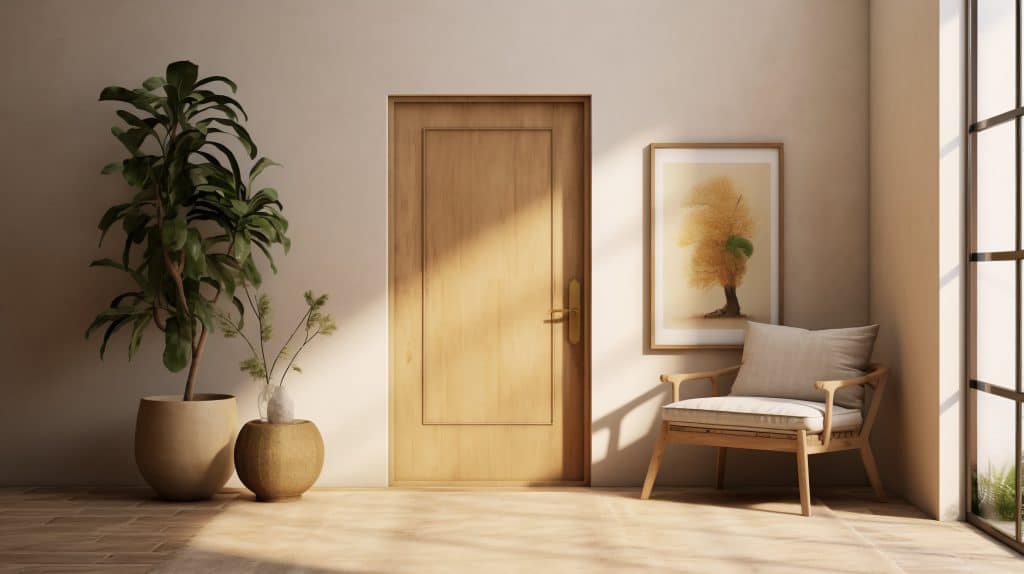 sunlit wood bedroom door