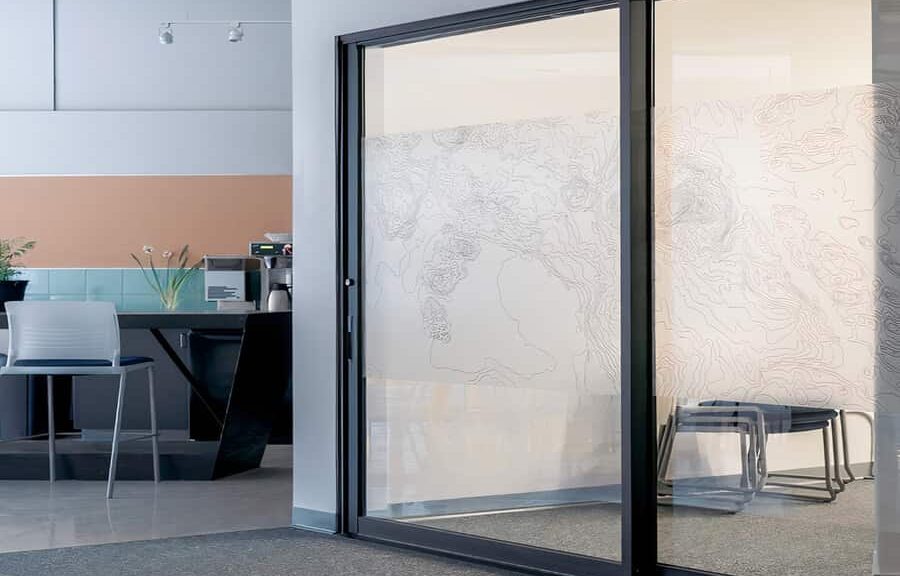 Modern office space with glass doors