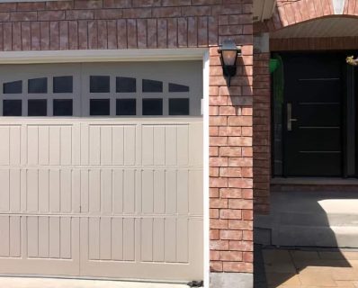 Garage door and front entrance brick house.