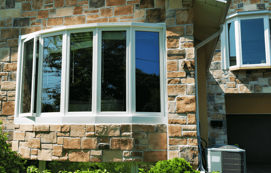 Stone house with large bay windows