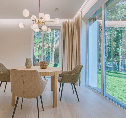 Modern dining area with large windows
